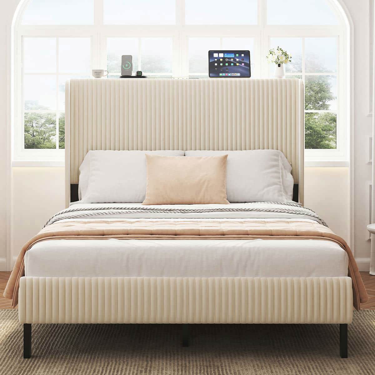 Barara King Bedroom Bed Frame, Bed Platform Frame,Full Size Platform Bed, Metal Bed Frame with Charging Station, No Box Spring Needed, Beige