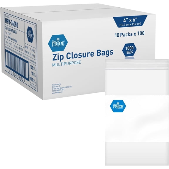 MedPride Reusable Clear Zip Closure Storage Bags, 4 x 6 in, 1000 Count, Plastic Zip Bags with Writing Block