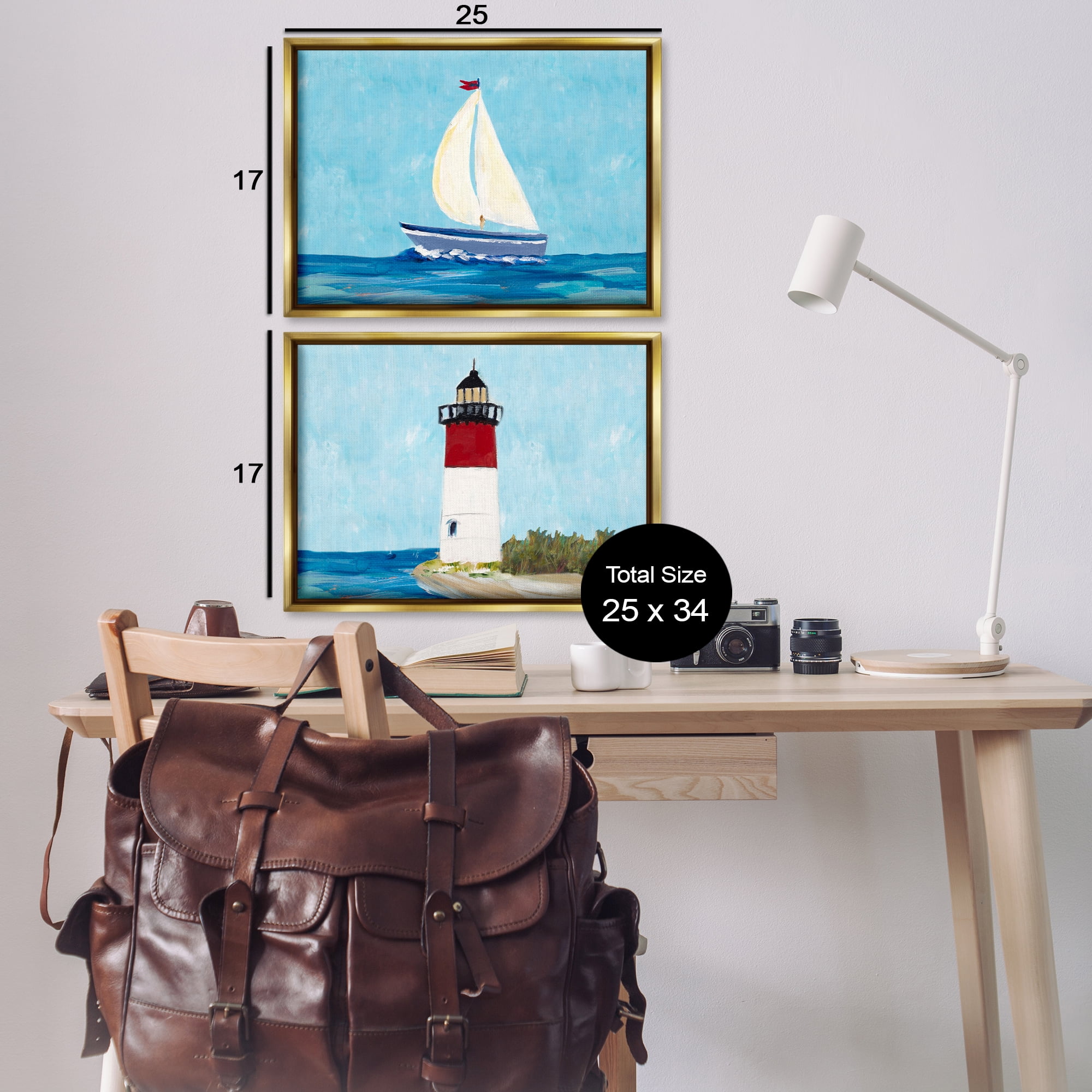 Stupell Industries Nautical Sail the Sea Lighthouse Nautical & Beach Painting Gold Floater Framed Canvas Art Print Wall Art, 25 x 17, Set of 2