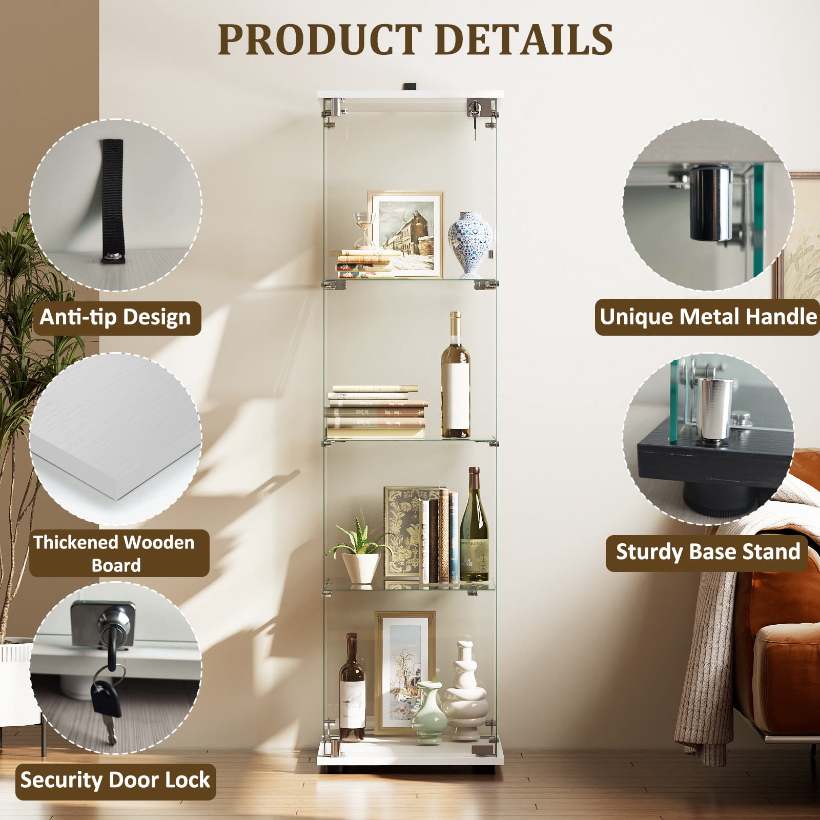 Easy4Home 4-Shelf Glass Display Cabinet with Lock, 64"H Freestanding Curio Display Showcase for Collectibles with Single Glass Door, White