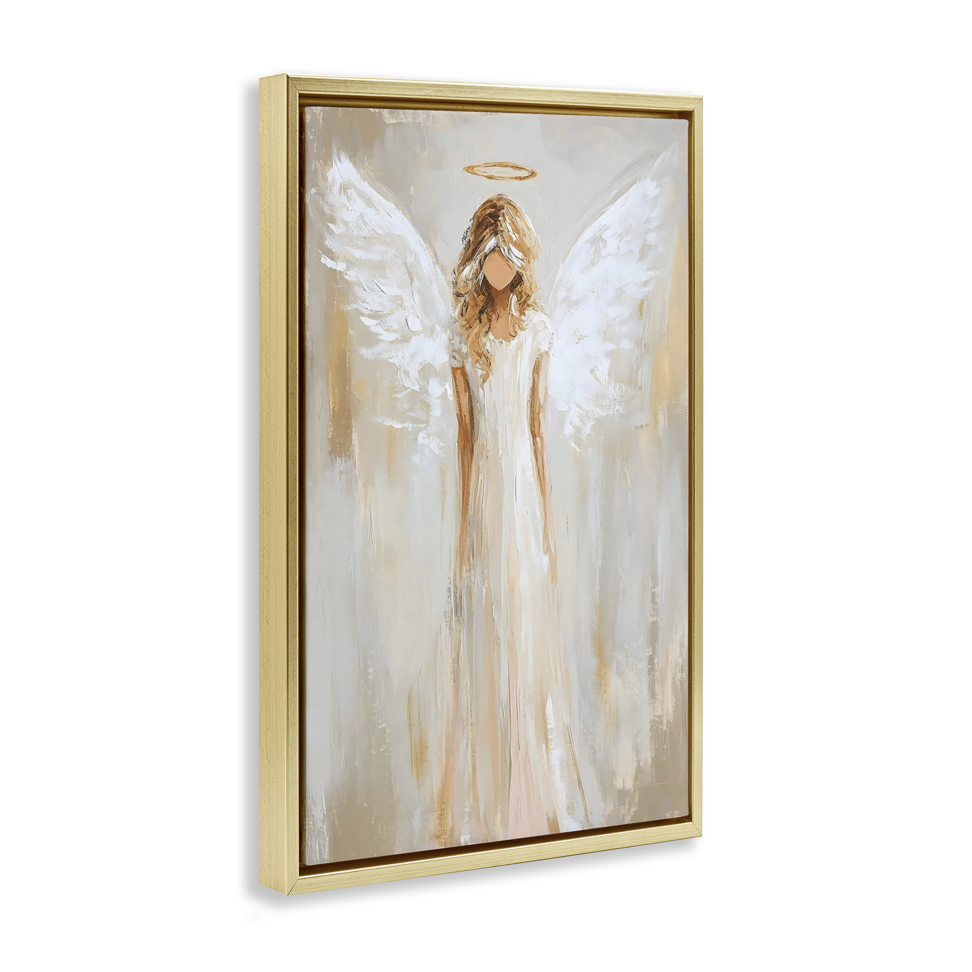 Divine White Robe Angel Gold Framed Floater Canvas Wall Art, design by Petal Prints Design