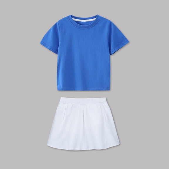 Girls Two Pieces Sets Cotton Back-to-School Comfy Cute Skirt Short Sleeve T-shirts Cheerleading Performance Set Blue 1-12 Years