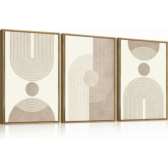 Beige Neutral Canvas Wall Art Framed Geometric Abstract Wall Decor Mid Century Modern Artwork Wall Decor for Living Room Bedroom Office 16"x24" Set 3 Gift