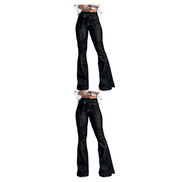 Sonducket Pantalones vaqueros de pierna ancha para mujer, pantalones largos de cintura alta con correa, pantalones vaqueros informales para Negro 2XL 2Conjunto