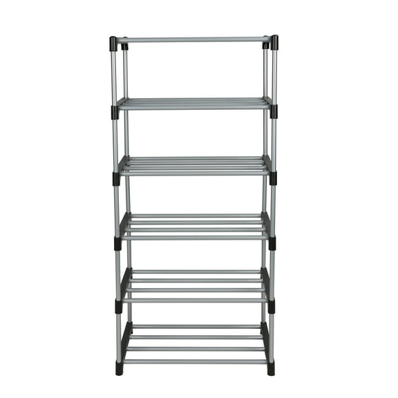 Mainstays Metal and Plastic Shoe Rack, 6-Tiers, 12 Shoe Pair Capacity, Space Saving Shoe Storage, Black & Silver