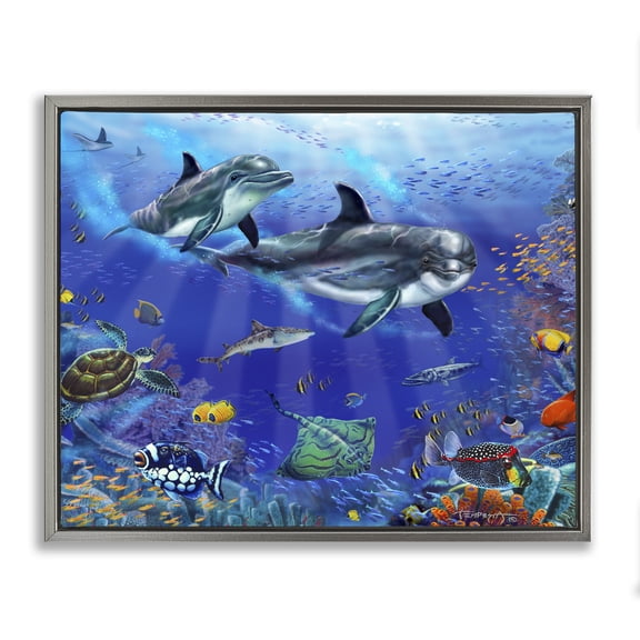 Stupell Industries Coastal Underwater Sea Life Scene Dolphins Gray Floating Frame Canvas Art, 21 x 17, by Interlitho