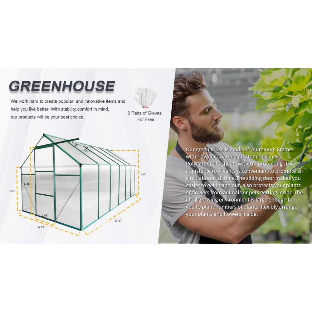 6x12 FT Polycarbonate Greenhouse with Raised Base & Heavy-Duty Aluminum Frame - Walk-In Design for All-Season Outdoor Gardening, Perfect for Your Backyard Oasis