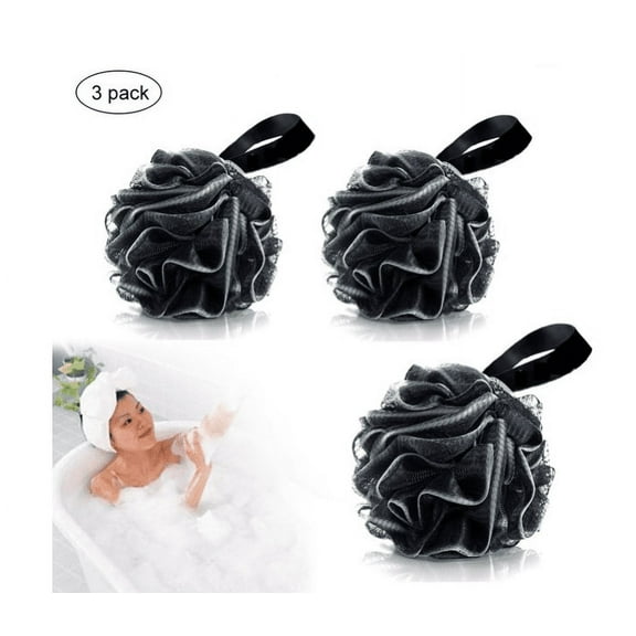 Loofah Charcoal Bath Sponge 50g - 3-Pack, Large Mesh Pouf Soft Scrubber - Bathing Accessories, Exfoliating Loofah Body Scrubber for Men & Women, Set of 3 (Black & White)