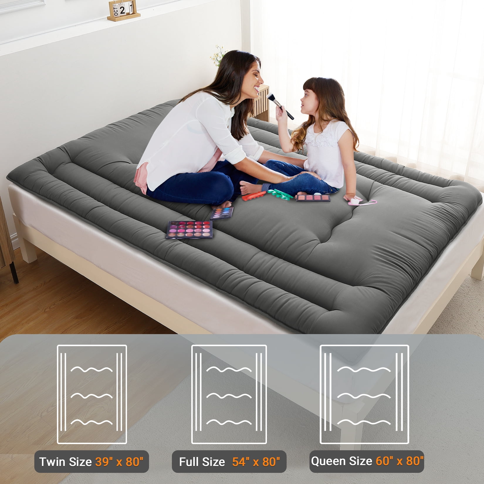 Full Size Foldable Floor Mattress, Japanese-Style Roll-Up Foam Sleeping Mat, Space-Saving Tatami Floor Bed for Living Room or Bedroom, Dark Gray