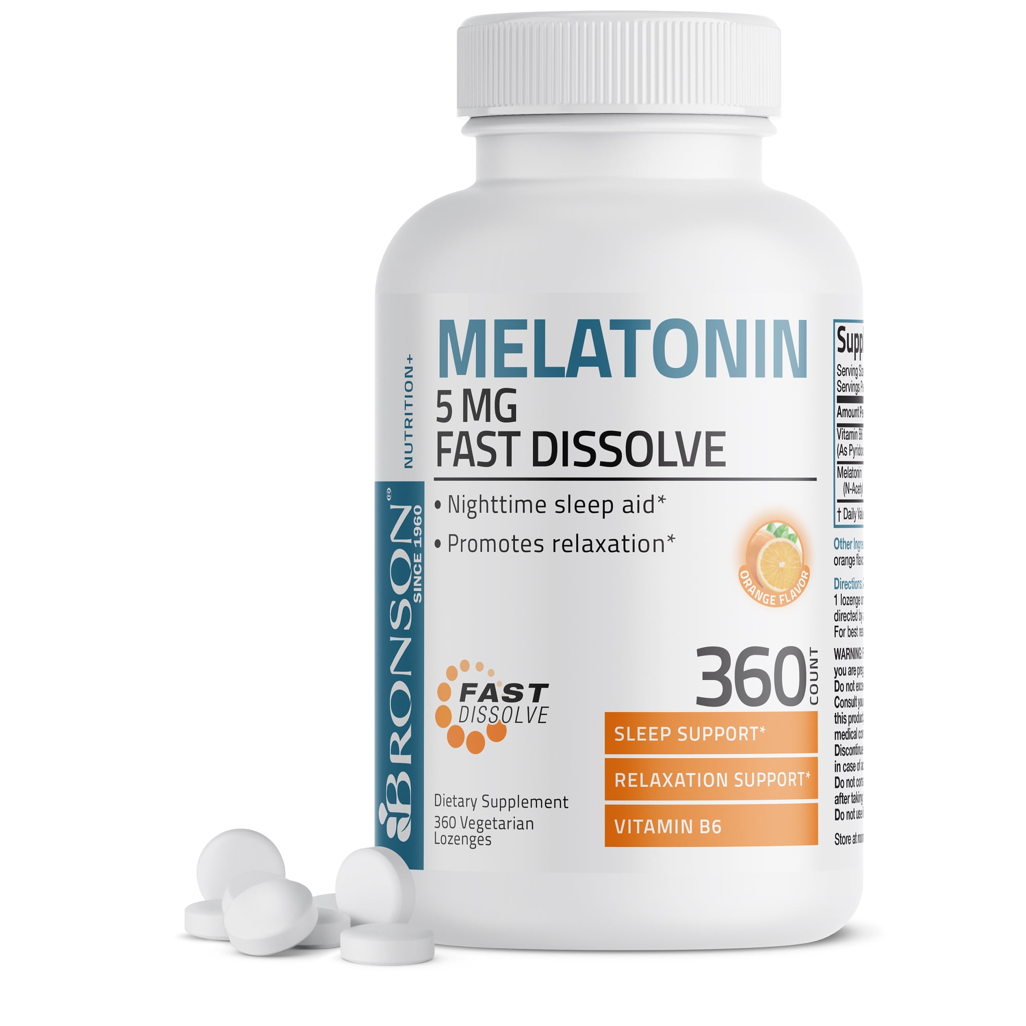 Bronson Melatonin 5mg Fast Acting Tablets with Vitamin B6 - Night Time Sleep Aid - Promotes Relaxation, 360 Orange Flavored Fast Acting Tablets