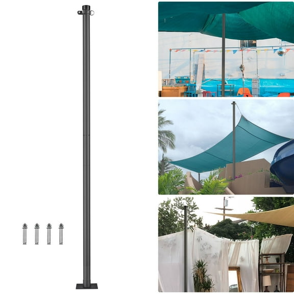 8ft Shade Sail Pole Black - Heavy Duty Canopy Support Post - Outdoor Sun Shade Sail Post with D-Ring Clamp & Base - Patio Backyard Garden