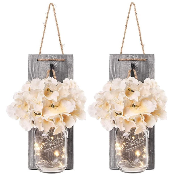 2 luces de hadas rústicas de tarro de albañil, hortensia de seda y diseños de luces de hadas LED para decoración del hogar, decoración navideña, decoración de paredes y azulejos falsos Zhivalor MZQ-0852
