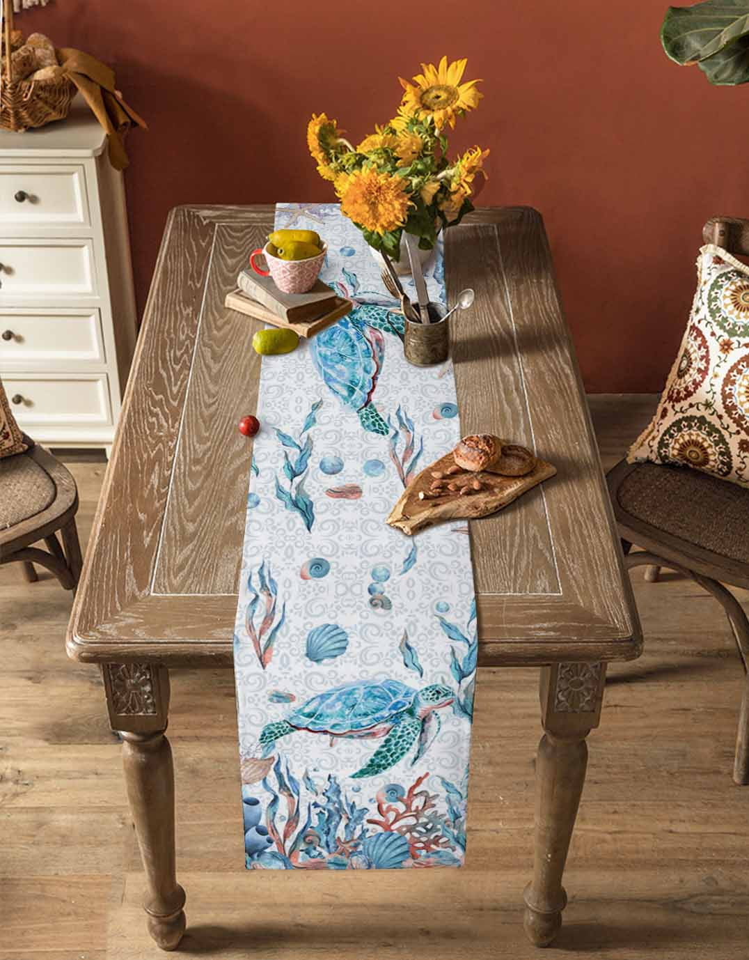 Table Runner Dresser Scarf 13 x 36 Inch Summer Turtle Seashell Coral Starfish Seaweed Colorful Ocean Table Runners Non-Slip Heat Kitchen Dining Table Decor for Indoor Outdoor Home Party Decoration