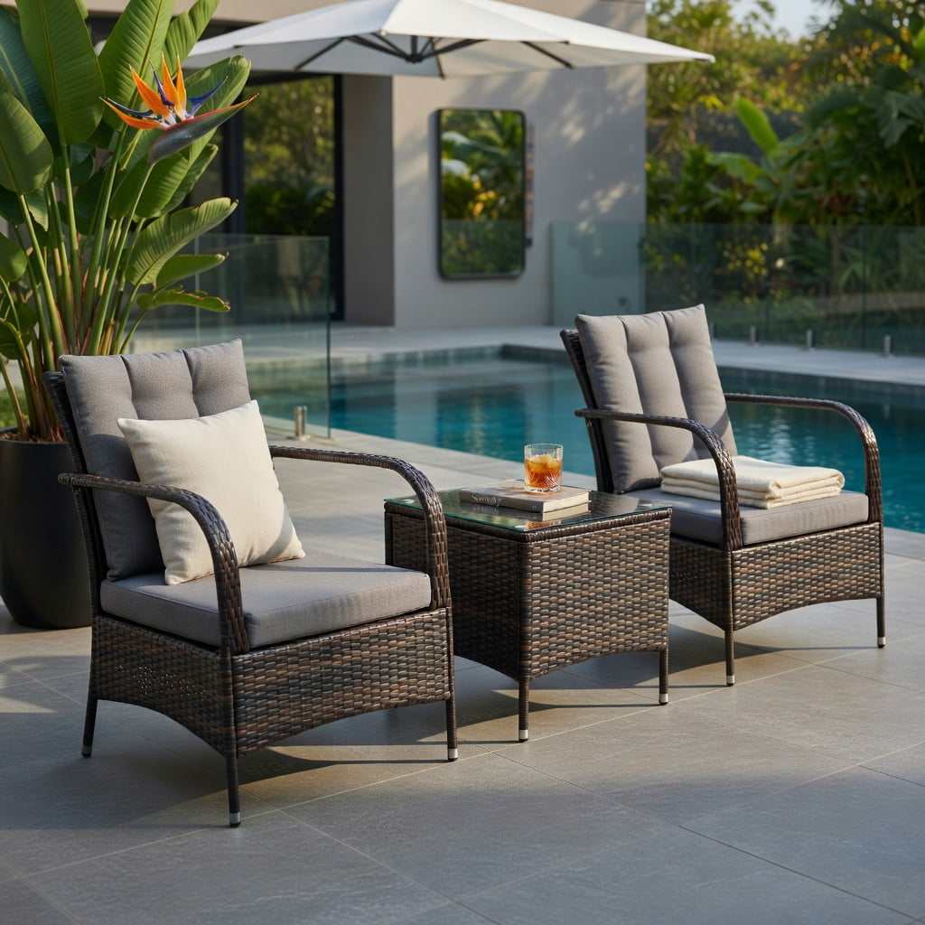 Hommoo 3-Piece Outdoor Rattan Patio Furniture Set with Tempered Glass Coffee Table & Weather-Resistant Cushions, Gray