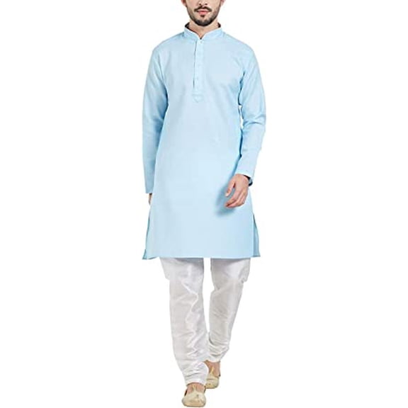 Royal Kurta Mens Cotton Linen Kurta And Churidar Pyjama With Neck Detailing (38, Sky Blue)
