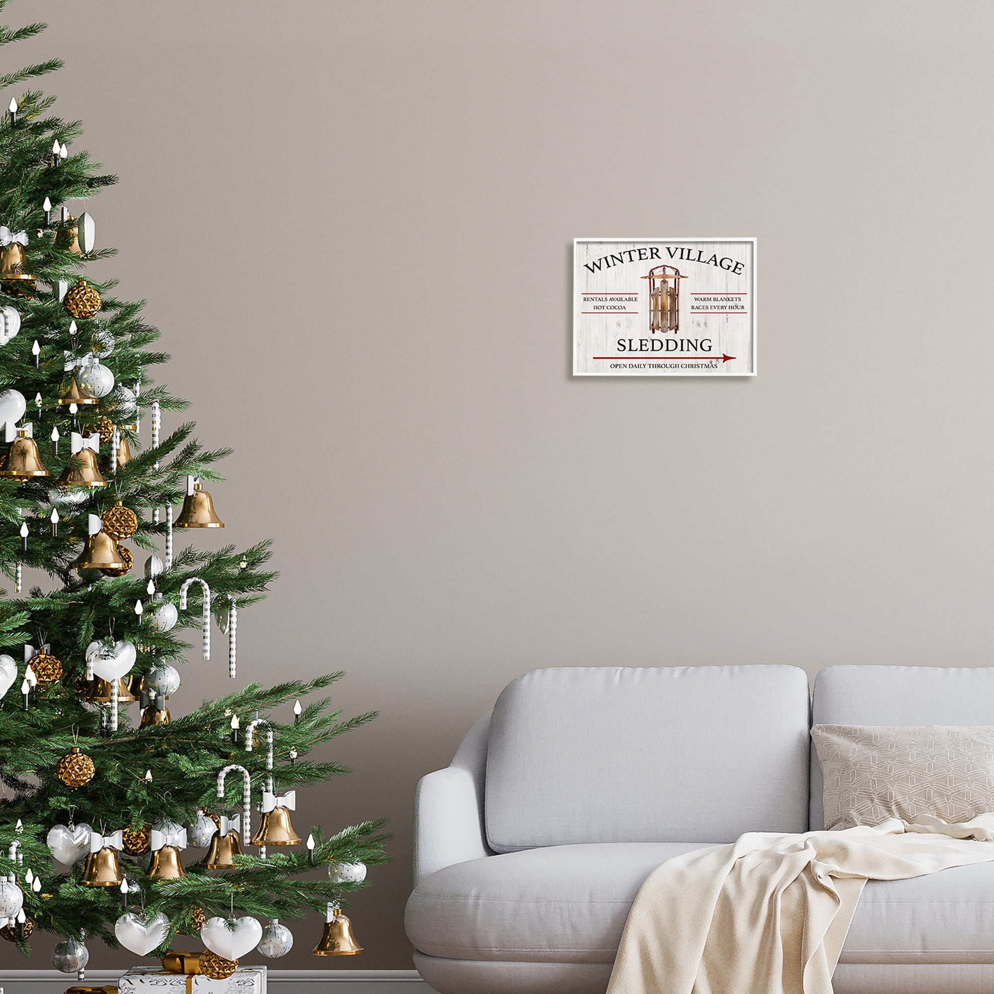 Stupell Industries Winter Village Sledding Holiday Painting White Framed Art Print Wall Art, 14 x 11