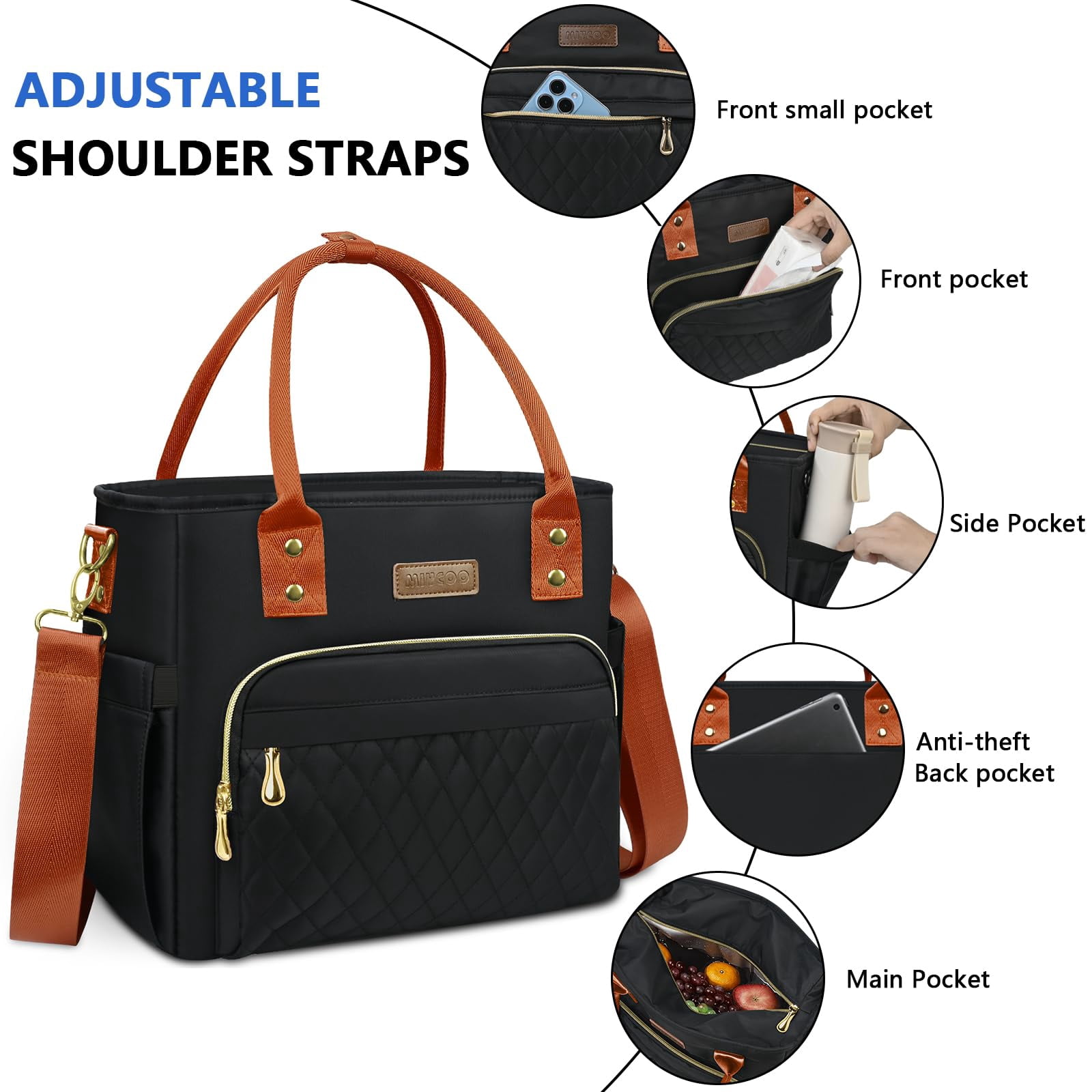 Lunch Bag Box Women - Leakproof Insulated Cooler For Large Tote Bags Adults  Black Orange