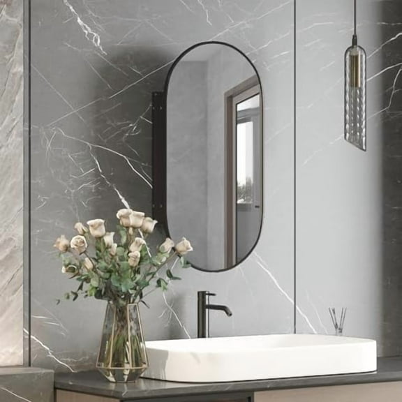 Oval Medicine Cabinet with Mirror,Recessed Medicine Cabinet for Bathroom, Brushed Black Mirror Cabinet with 3 Storage,Metal Edge,Oval Wall Mounted Medicine Cabinet 16x31Inch