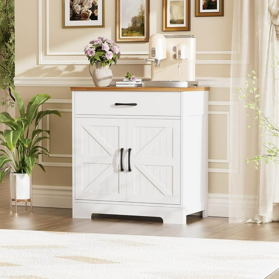 Modern Sideboard Buffet Cabinet with Storage, Farmhouse Kitchen Cabinet Buffet Table with Doors and Drawers, for Dining Room, White, 30"