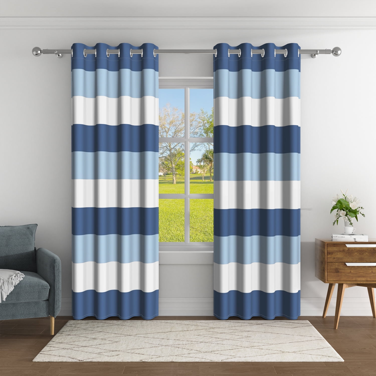 Aofoto Linen Stripe Blackout Curtains Thermal Insulated Window Drapes for Living Room/Bedroom, 2 Panels,Blue,42x63 inches