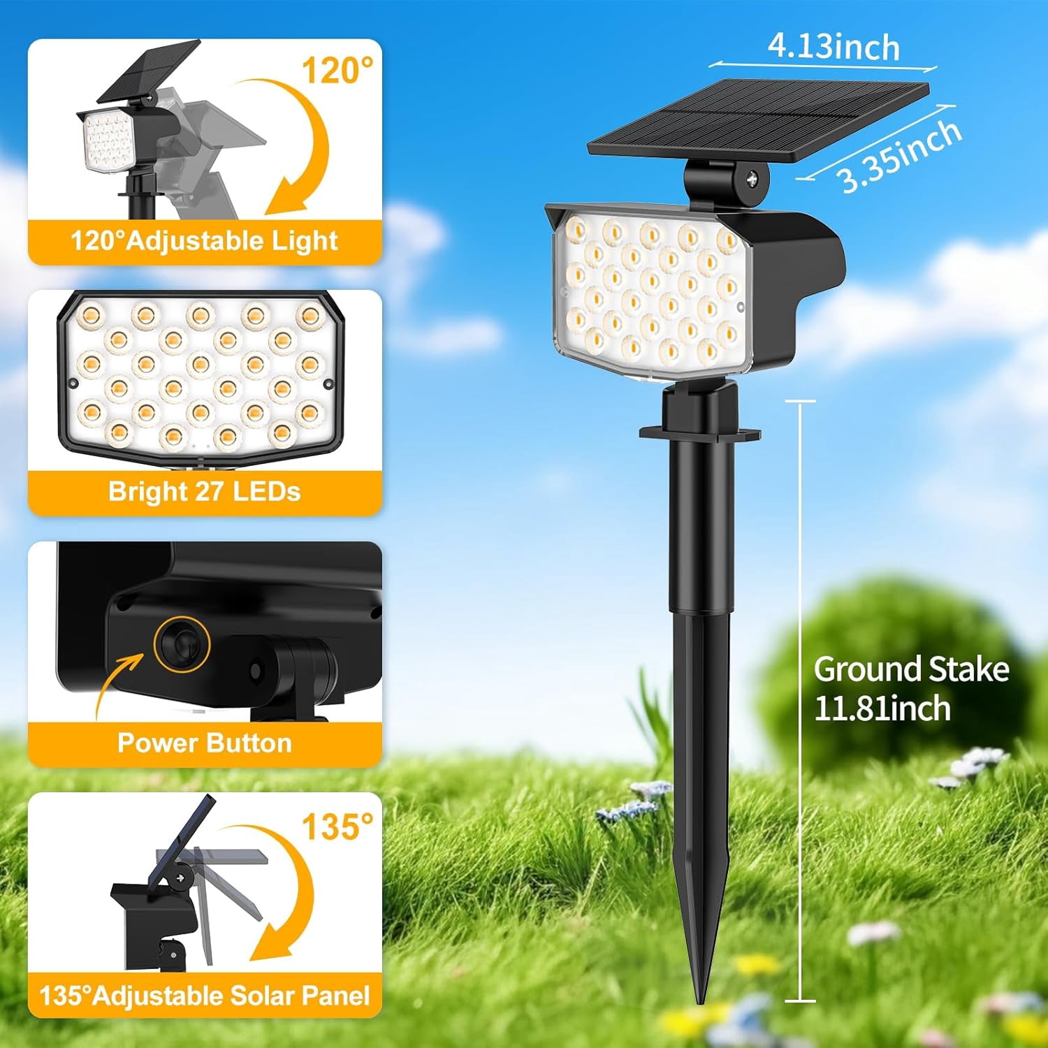 Solar Spot Lights Outdoor Waterproof Adjustable Solar Powered Landscape Lights for Yard 3 Long Time Lighting Modes Spotlights for Pathway Garden Outside Wall Pool Porch- 6 Pack, Warm White