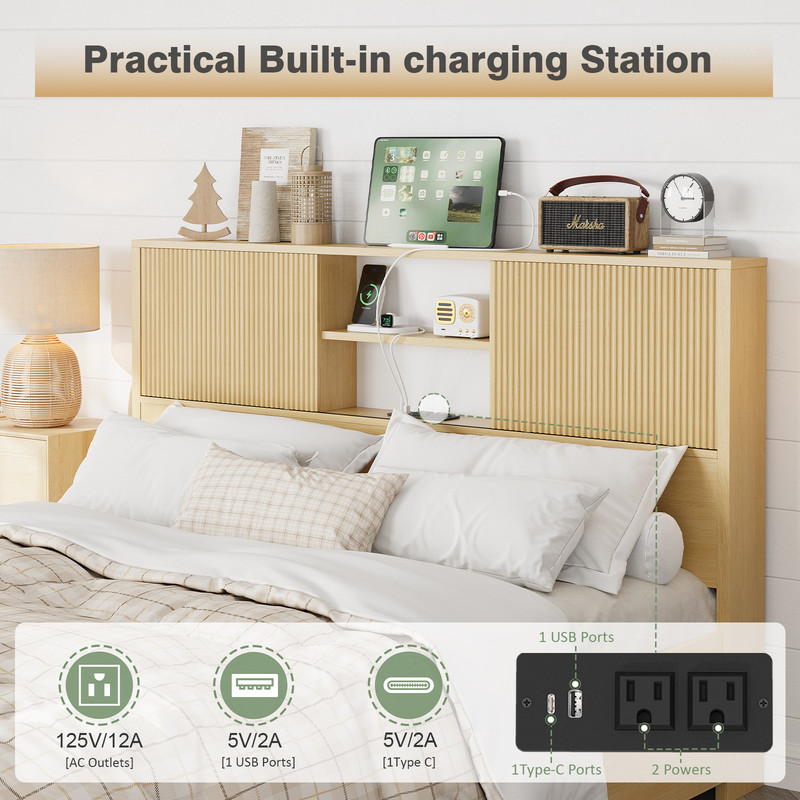 Lumiinofami Queen Size Bed Frame with Storage Drawers, Platform Bed with Charging Station and Storage Headboard, No Box Spring Needed, Noise-Free, Oak