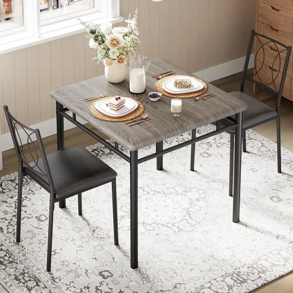 Dining Table Set for 2, Small Kitchen Table with Upholstered Chairs, Farmhouse Wood Dining Table Chairs for Kitchen Room, Small Spaces, Apartment, Grey