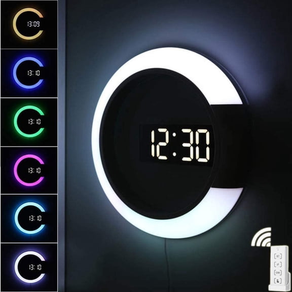Miumaeov 12" LED Digital Wall Clock with Remote Control, Creative Mirror Hollow Wall Clock 7 Color Change Ring Night Light for Home Office Decoration