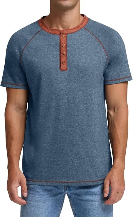 Classic henley style Three button henley closure, Mens Henley Short Sleeve T-Shirt Cotton Casual Shirt Mens ShirtsSummer Daily T-Shirts Blue L