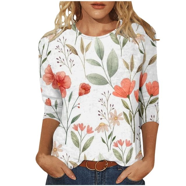 Pompotops Mode Femme Col Rond T-Shirt Manches 3/4 Blouse Imprimée Hauts Chandail en Molleton Liquidation