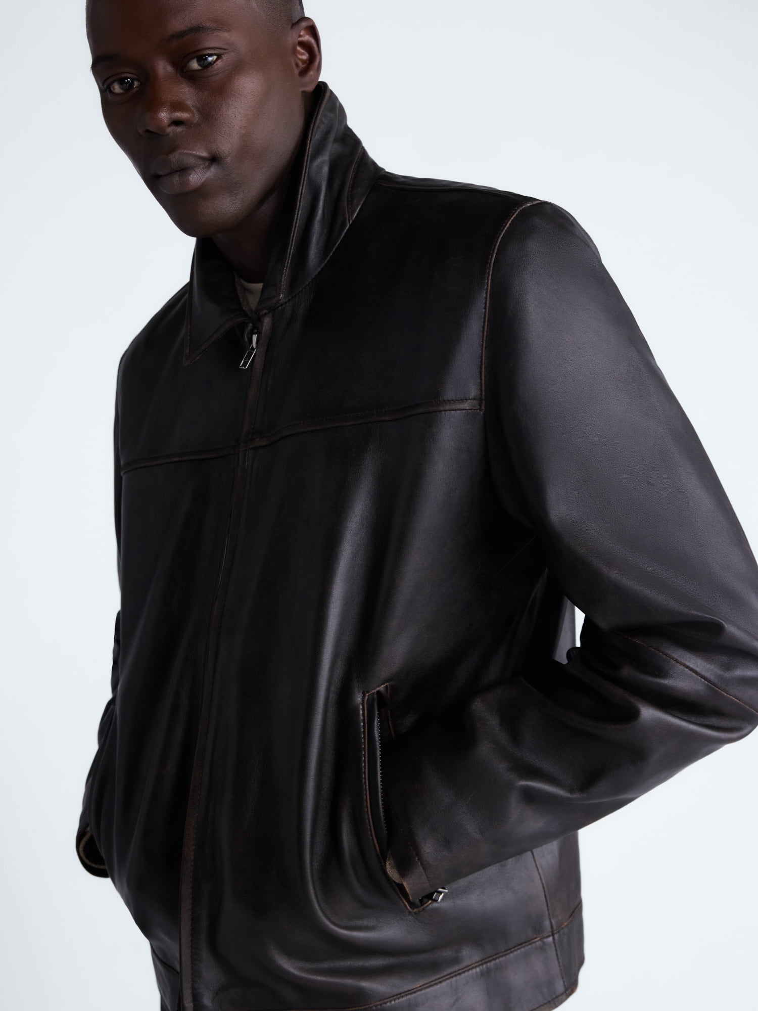 Free Assembly Men's Leather Jacket with Zip Pockets, Sizes XS-2XL