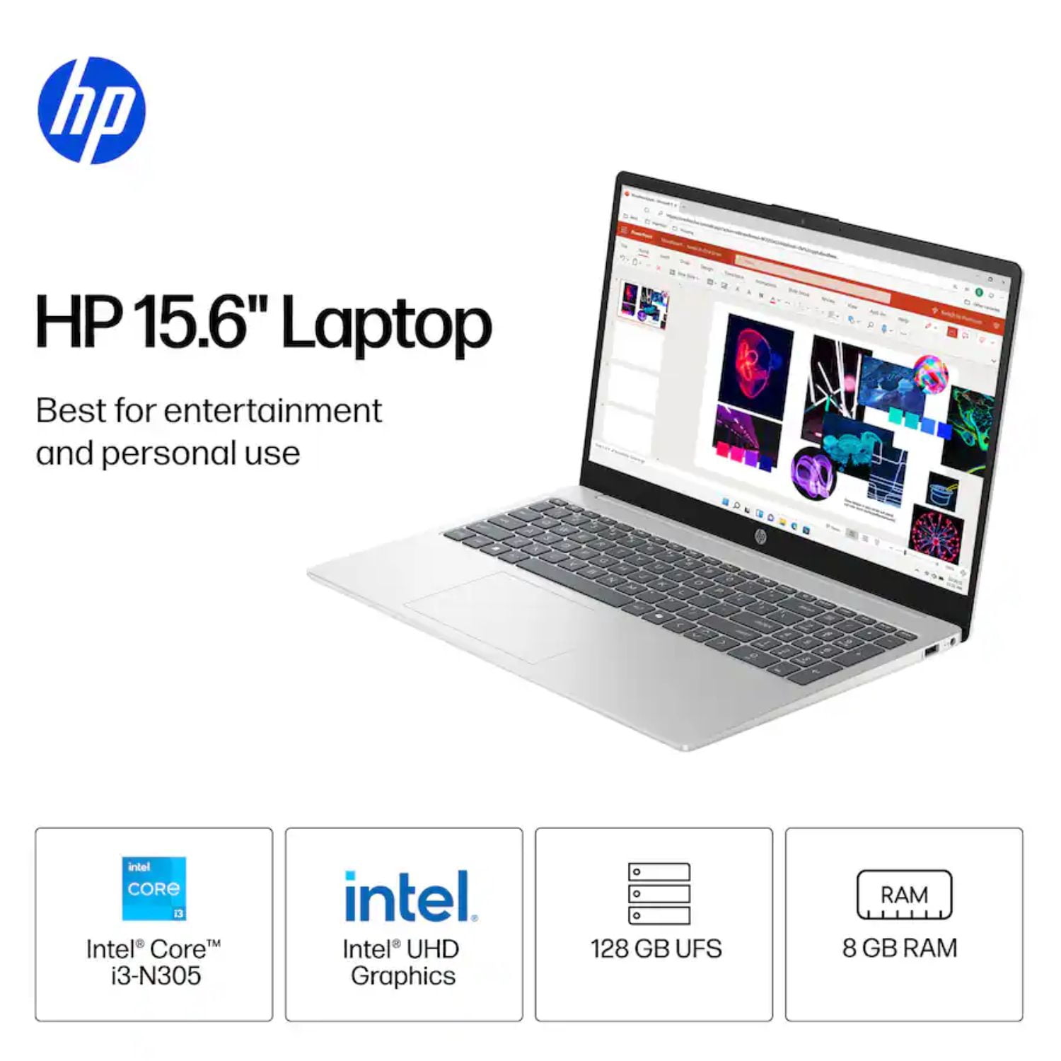 HP 15.6" Laptop Intel Core i3-N305, 8GB RAM, 128GB UFS Storage, HD Display, Windows 11, Natural Silver (15-fd0113dx)