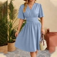 thumbnail image 4 of HJYCHN Elegant Women's Casual V-Neck Flared Sleeves Solid Color Dress with Waist for Everyday Style Blue S, 4 of 8