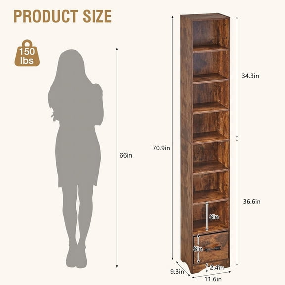 Decorative 8-Tier Tall Narrow Bookshelf, Slim Storage Rack with Elevated Base & 6 Adjustable Shelves, Space-Saving for Small Spaces Living Room Bedroom-Brown