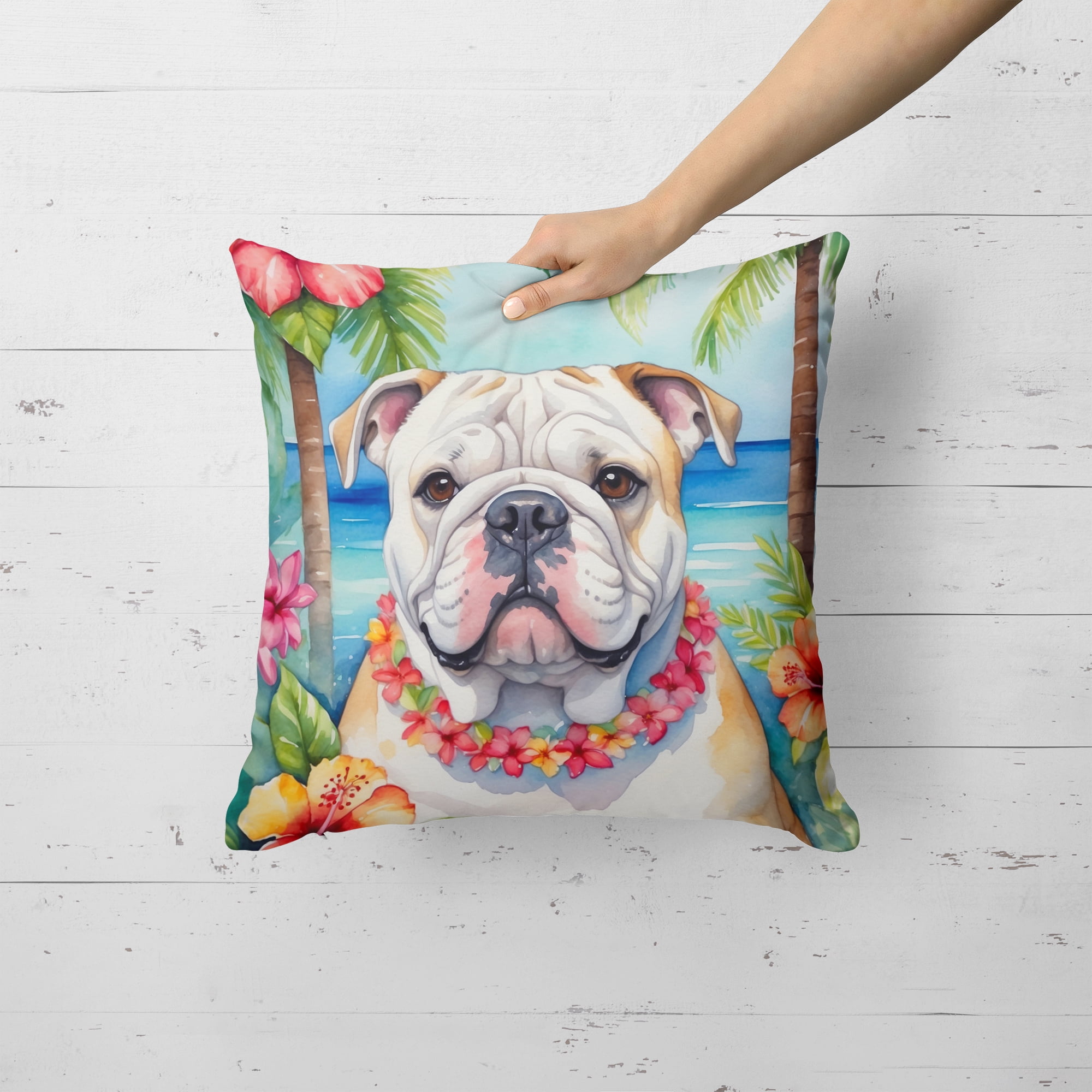 English Bulldog Luau Throw Pillow 18 in x 18 in