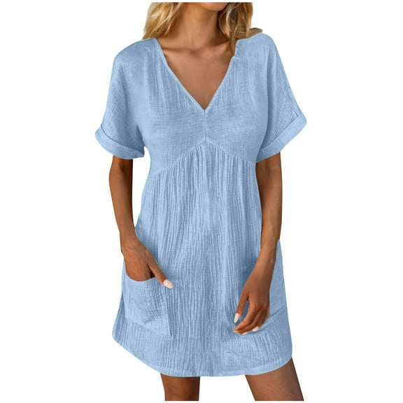 Zekutng Women's Dresses New Solid Color Pocket Short Sleeve V-Neck Dress,Sizes S-3XL
