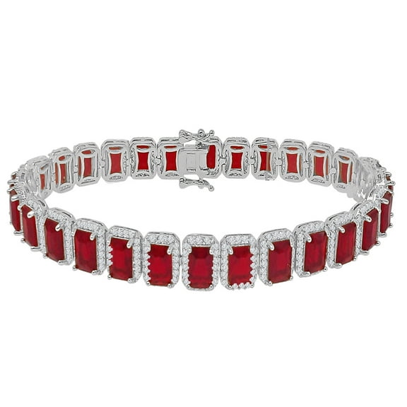 14K White Gold Finish Ruby Red Simulated Diamonds Solitaire Mens Ladies Bracelet 10mm / 8.5 Inch