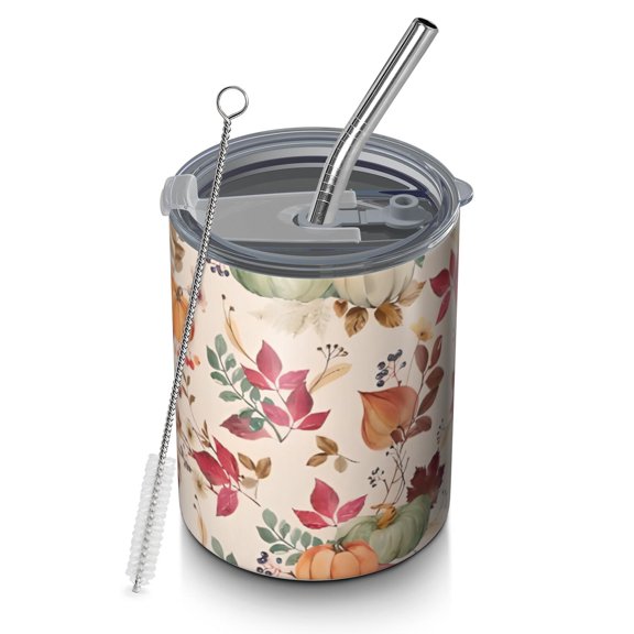 12oz Coffee Tumblers Fall Pumpkins Leaves Pattern Stainless Steel Vacuum Insulated Travel Tumbler Coffee Cups Mug with Lid and Straw with Cleaning Brush for Cold & Hot Drinks