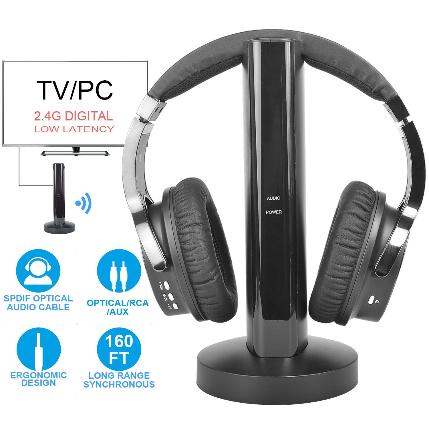 Wireless TV Headphone 2.4G Digital RF Transmitter Charging Dock, Hi-Fi Over-Ear Cordless Headset with RCA and 3.5MM Connection, for Watching Home TV Games Computer Radio