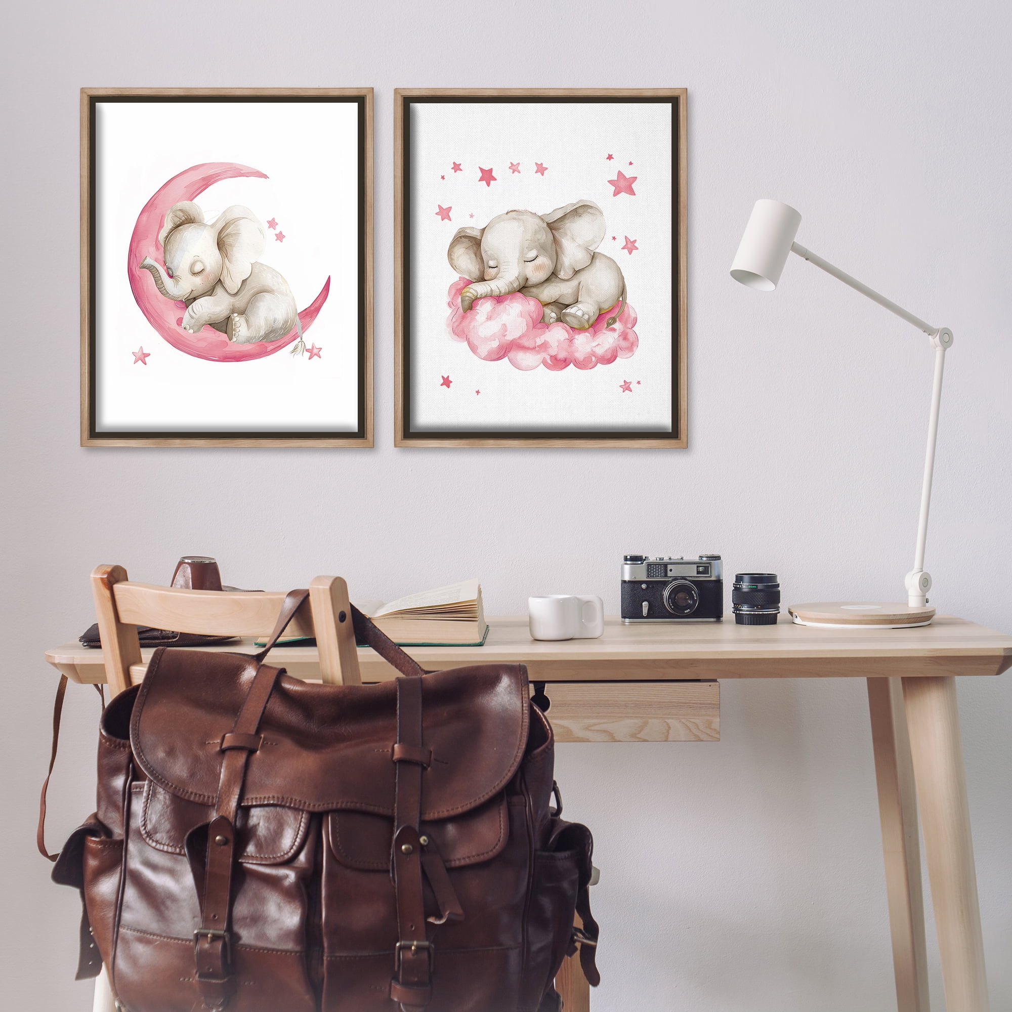 Stupell Industries Pink Sleepy Elephant Animals Painting Brown Floater Framed Canvas Art Print Wall Art, 31 x 25, Set of 2
