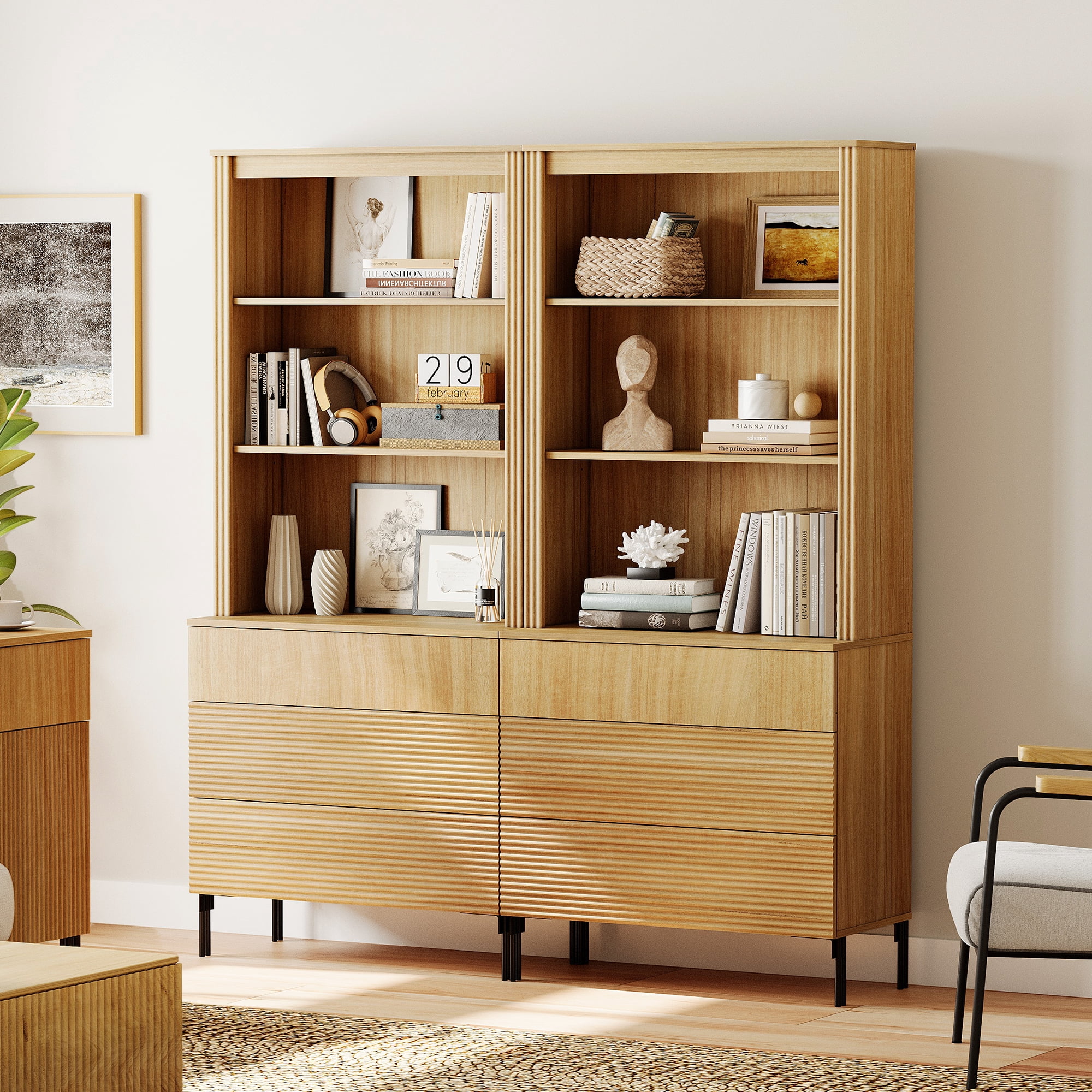 71.6"H X 60.4"W Set Of 2 Bookcase with Storage Cabinets, 6 Tier Bookshelf with Fluted Drawers and Adjustable Shelves, Large Modern Display Cabinet For Living Room Bedroom Home Office Kitchen
