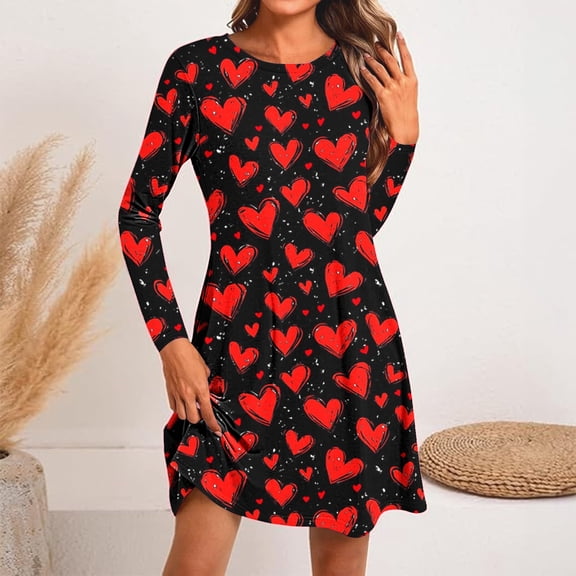 Tauxra Women Valentine Print Round Neck Long Sleeve Dress,Casual Pullover