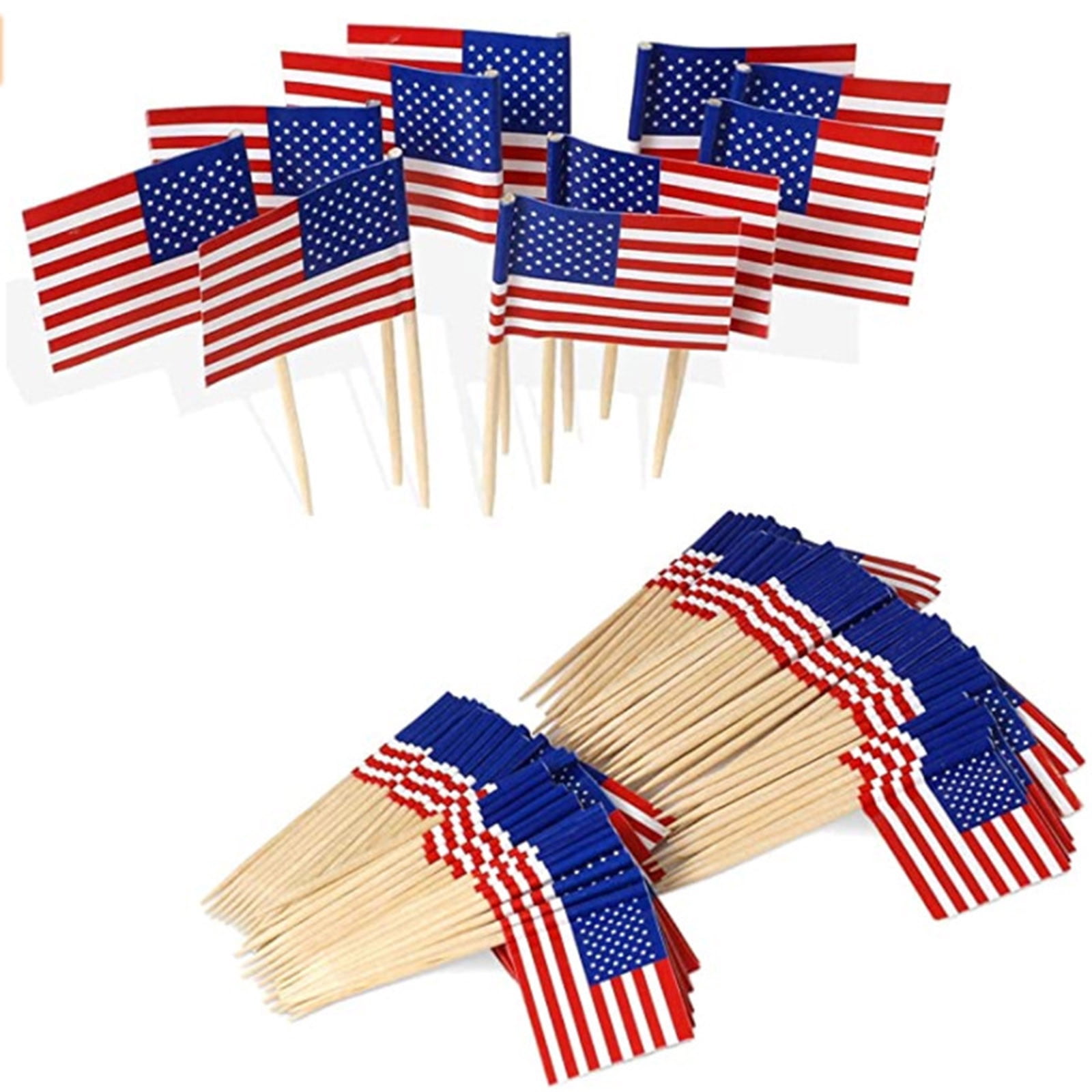 US Flag Food Picks - 4th of July Party Supplies American Flag Toothpicks for Sandwiches, Appetizers, Cupcake and Toppers Cocktail Skewers, Patriotic BBQ Decor Natural Birch Wood Snack Sticks
