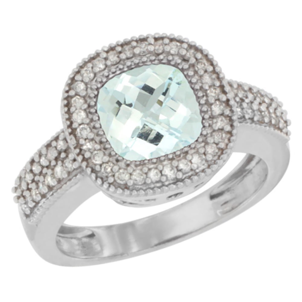 10K White Gold Natural Aquamarine Ring Cushion-cut 7x7mm Diamond Accent, size 6.5 by Gabriella Gold