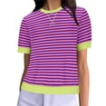 thumbnail image 1 of Économies d'Été KIHOUT Hauts d'Été pour Femmes, Mode Décontractée Confortable à Rayures Imprimées Col Rond Manches Courtes Blouse T-Shirt (Violet TG), 1 of 4