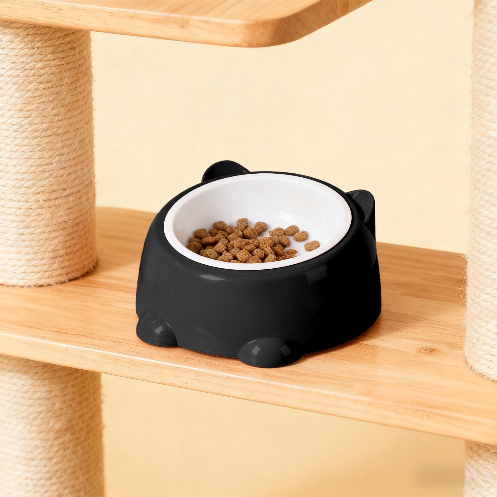 Elevated Raised Cat Food Bowl, 250ml Large Capacity Black Plastic Pet Bowl, Neck Protective Whisker-Friendly Non-Tipping Feeding & Drinking Bowl for Cats