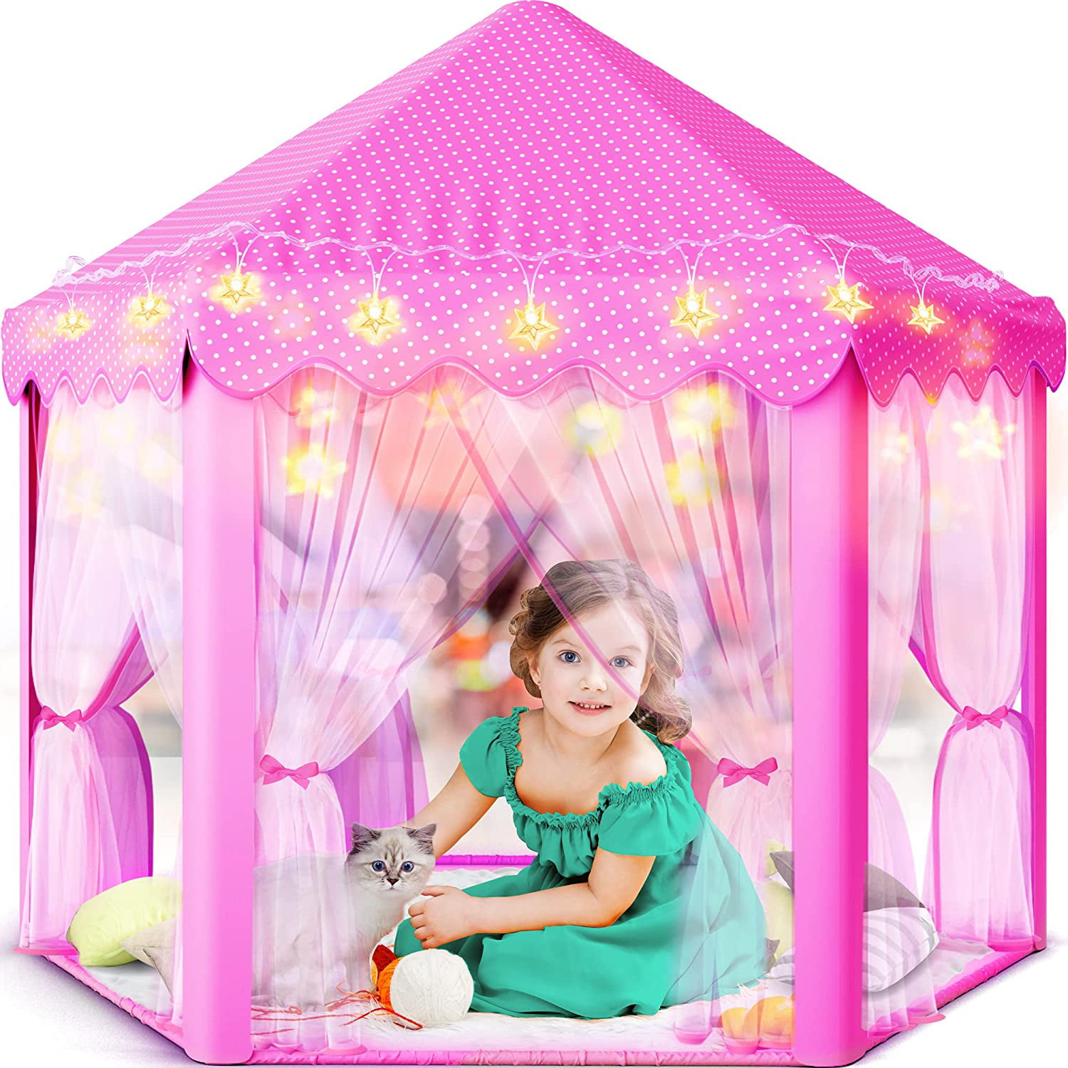 Deluxe Luxury Pink Princess Style Kids Play Tent w Sheer Curtains & Star Lights 