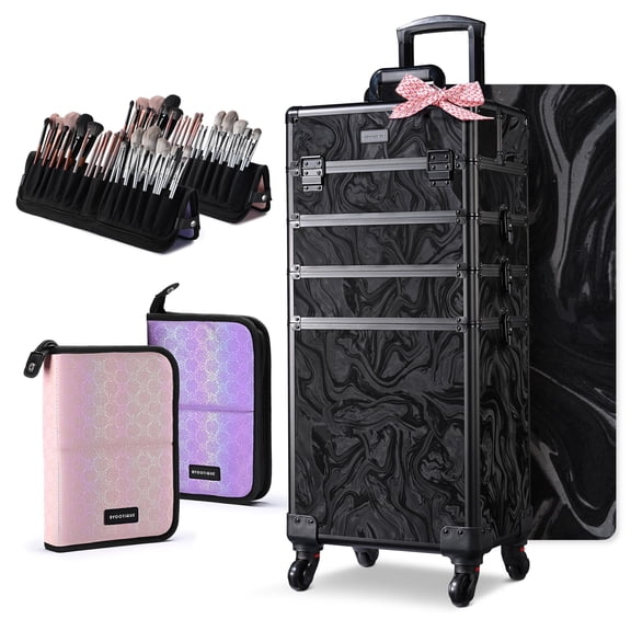 Byootique 4in1 Rolling Makeup Case with 2 Foldable Makeup Brush Bags, Professional Cosmetic Train Case for Makeup Artist, Travel & Beauty Salon