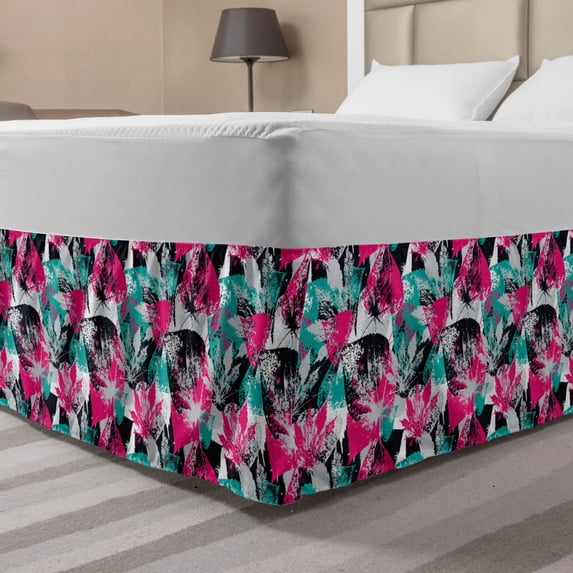 Grunge Bed Skirt, Abstract Leaves with Various Designs Nature Ornamental Blossoming Earth, Elastic Bedskirt Dust Ruffle Wrap Around for Bedding Decor, 4 Sizes, Hot Pink Seafoam Black, by Ambesonne