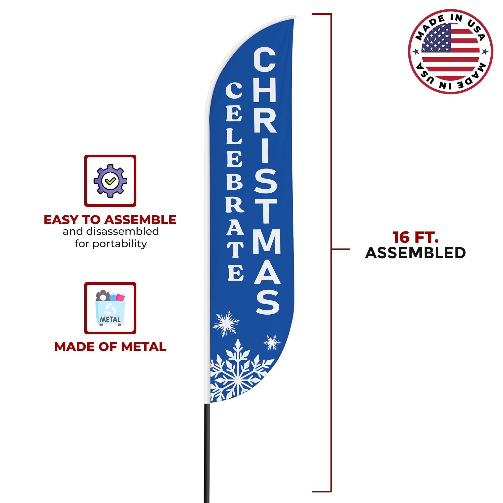 Celebrate Christmas Sign feather flag Pole kit for Outdoor by Mavis | 15 FEET Tall Polyester Banner Flag Pole Mount with Cover Easy Hang | HD Print Swooper Flags Promote Church Activity